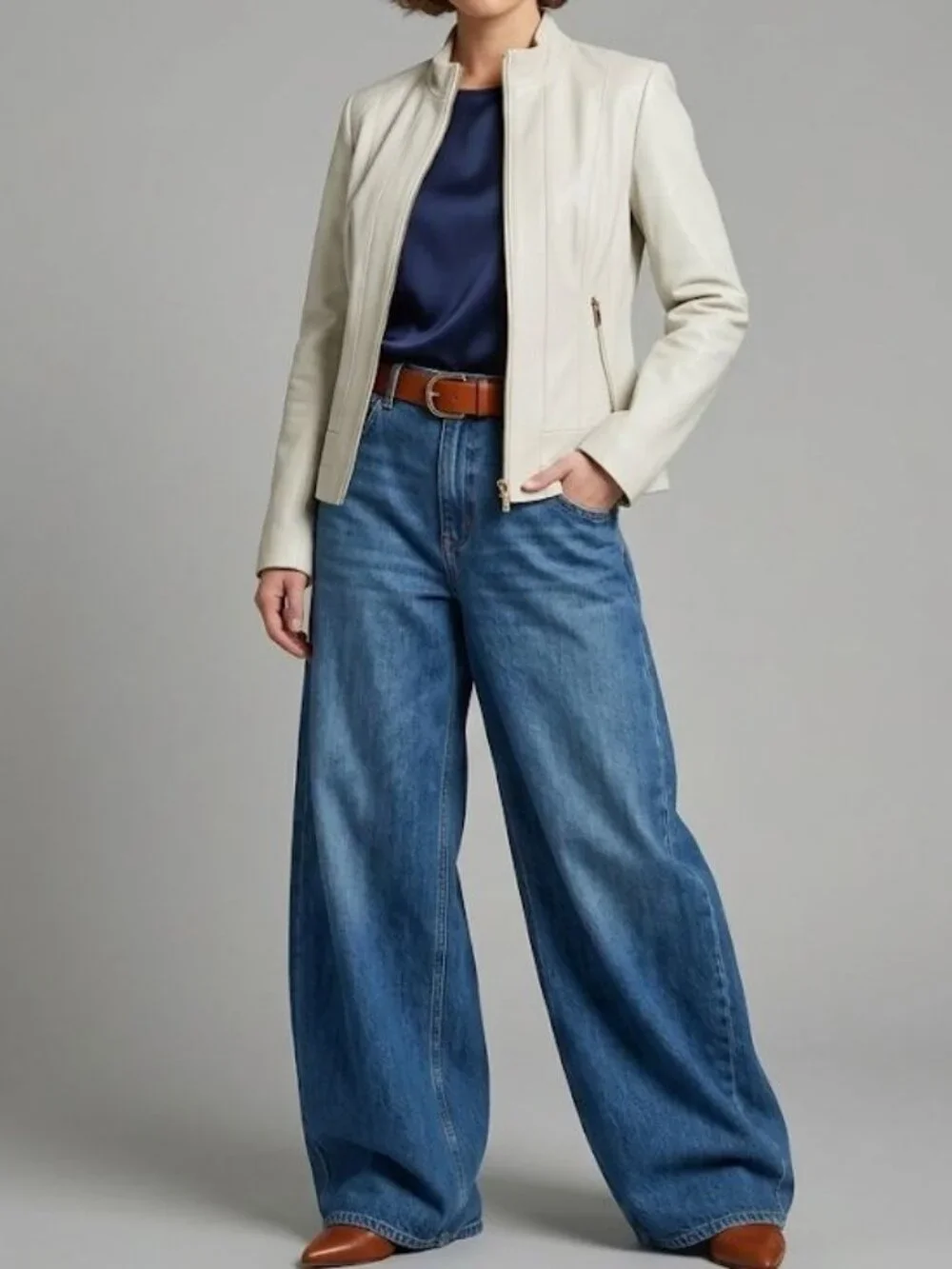 Wilsons Leather M Buttersoft Womens Slate White Clean Preppy Jacket Zip Pockets - Picture 1 of 16